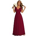 CWOAPO Wine Red Long Bridesmaid Dresses for Women Ruffle Sleeve V Neck Chiffon Backless Pleated Formal Evening Gowns US4