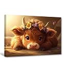 CXHOSTENT Cute Highland Cow Wall Art Nursery Animal Canvas Highland Cow Baby Picture Rustic Farmhouse Kids Room Bedroom Decor Framed (12.00" x 18.00")