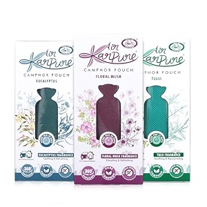 cycle pure karpure camphor pouch - pack of 3  air freshener for wardrobe home office bathroom car thulsi floral musk eucalyptus fragrance lasts up to 45 days