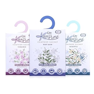 cycle pure karpure camphor sachet - pack of 3  air freshener for wardrobe home office bathroom car  floral musk eucalyptus night queen each lasts up to 30 days