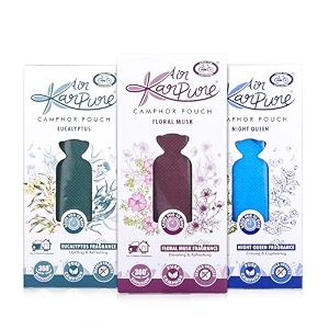 cycle pure karpure cone camphor pouch - pack of 3  air freshener for wardrobe home office bathroom car  night queen floral musk eucalyptus fragrance  lasts up to 45 days