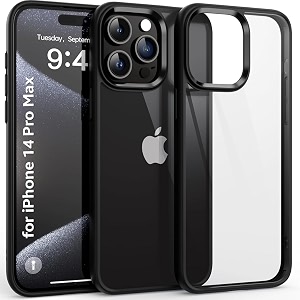 czartech native back cover for iphone 14 pro max clear case tpu  tough polycarbonate back i 6ft drop protection tested i matte black-transparent i no yellowing