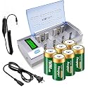 D Cells 10000mAh Rechargeable Batteries 6 Counts and Universal Battery Charger Compatible with C D 9V AA AAA Ni-MH Ni-CD Batteries with Discharge Function & Car Charger Cable