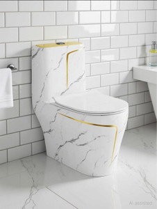 dot 9908 premium quality cool white marble commode with yellow finishing line and round flush button western commode white marble  yellow