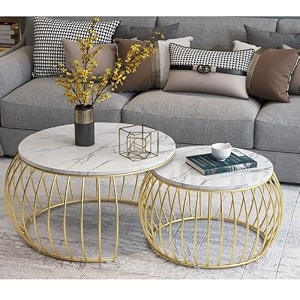 round 24x24x18 polished metal and marble coffee tablenesting tablecenter table for living roomdrawing roombalconyset of 2 marble gold do-round-margold