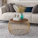 Round 24x24x18 Polished Metal and Engineered Wood Coffee Table/Nesting Table/Center Table for Living Room/Drawing Room/Balcony|Set of 1(Brown Gold Round, Round_Desk_GO)