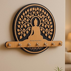 premium 3d wooden key holder with 6 stainless steel hook for living room wall decor buddha key -1