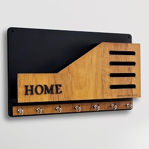 premium 3d wooden key holder with 6 stainless steel hook for living room wall decor mobile holder key -2