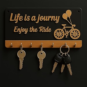 premium 3d wooden key holder with 6 stainless steel hook for living room wall decor life is a ride