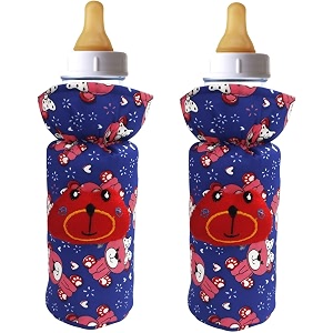 soft cotton stretchable baby feeding bottle cover with easy to hold strap for newborntoddler babies - cute attractive with dark textile print blue