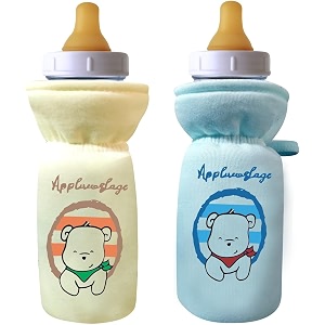 soft cotton stretchable baby feeding bottle cover with easy to hold strap for newborntoddler babies - cute attractive with plush toy print yellow blue