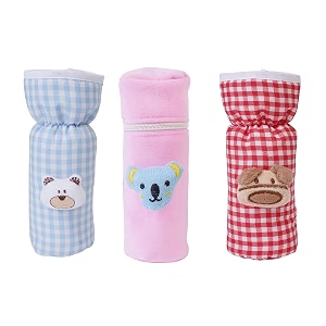 soft cotton stretchable baby feeding bottle cover with easy to hold strap for newborntoddler babies- cute attractive teddy cartoon with over all check print  medium 130-250 ml-pack of 3
