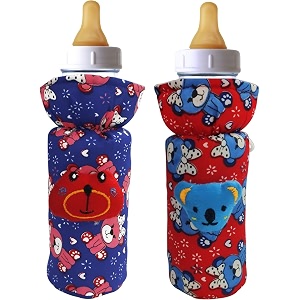 soft cotton stretchable baby feeding bottle cover with easy to hold strap for newborntoddler babies - cute attractive with dark textile print red blue