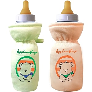 soft cotton stretchable baby feeding bottle cover with easy to hold strap for newborntoddler babies - cute attractive with plush toy print green orange