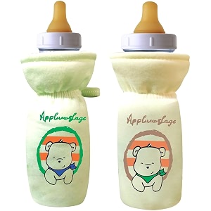 soft cotton stretchable baby feeding bottle cover with easy to hold strap for newborntoddler babies - cute attractive with plush toy print green yellow