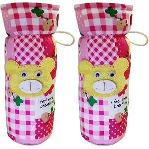 soft cotton stretchable baby feeding bottle cover with easy to hold strap for newborntoddler babies - cute attractive with check textile print pink