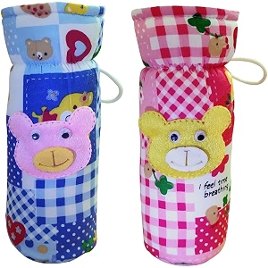 soft cotton stretchable baby feeding bottle cover with easy to hold strap for newborntoddler babies - cute attractive with check textile print blue pink