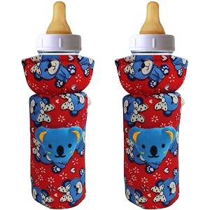 soft cotton stretchable baby feeding bottle cover with easy to hold strap for newborntoddler babies - cute attractive with dark textile print red