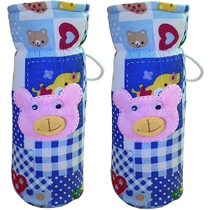 soft cotton stretchable baby feeding bottle cover with easy to hold strap for newborntoddler babies - cute attractive with check textile print blue