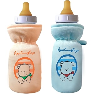soft cotton stretchable baby feeding bottle cover with easy to hold strap for newborntoddler babies - cute attractive with plush toy print orange blue