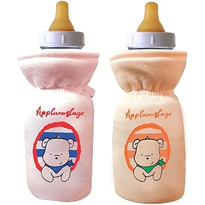 soft cotton stretchable baby feeding bottle cover with easy to hold strap for newborntoddler babies - cute attractive with plush toy print pink orange