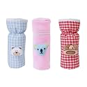 Soft Cotton Stretchable Baby Feeding Bottle Cover with Easy to Hold Strap for Newborn/Toddler Babies- Cute Attractive Teddy Cartoon with Over All Check Print | Medium (130-250 ML)-Pack of 3
