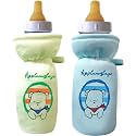 Soft Cotton Stretchable Baby Feeding Bottle Cover with Easy to Hold Strap for Newborn/Toddler Babies - Cute Attractive with Plush Toy Print (Green, Blue)