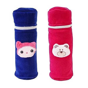 soft plush stretchable baby feeding bottle cover easy to hold strap and zip  suitable for 130 ml-250 ml feeding bottle-dark pink-dark blue