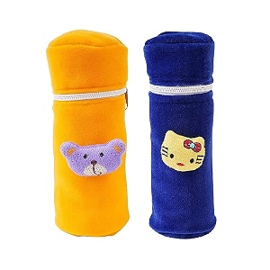 soft plush stretchable baby feeding bottle cover easy to hold strap and zip  suitable for 130 ml-250 ml feeding bottle-orange-dark blue