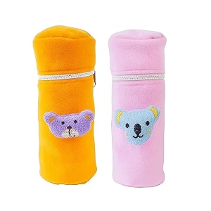 soft plush stretchable baby feeding bottle cover easy to hold strap and zip  suitable for 130 ml-250 ml feeding bottle orange-light pink