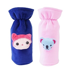 soft plush stretchable baby feeding bottle cover easy to hold strap with cute animated cartoon suitable for 130-250 ml feeding bottledark blue-light pink