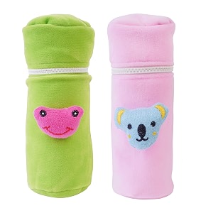 soft plush stretchable baby feeding bottle cover easy to hold strap and zip  suitable for 130 ml-250 ml feeding bottle-green-light pink