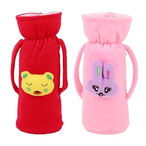 soft plush stretchable baby feeding handle bottle cover with animated cartoon design amp easy to hold strap for newborn babies suitable for 125-250 ml bottle pack of 2 rani baby pink