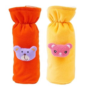 soft plush stretchable baby feeding bottle cover easy to hold strap with cute animated cartoon suitable for 130-250 ml feeding bottleorange-yellow