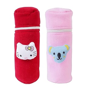soft plush stretchable baby feeding bottle cover easy to hold strap and zip  suitable for 130 ml-250 ml feeding bottle-light pink-dark red