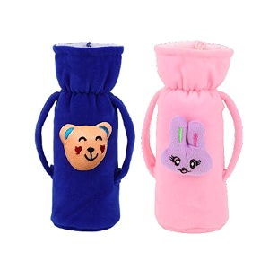 soft plush stretchable baby feeding handle bottle cover with animated cartoon design amp easy to hold strap for newborn babies suitable for 125-250 ml bottle pack of 2 blue baby pink