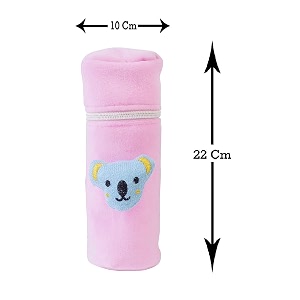 soft plush stretchable baby feeding bottle cover easy to hold strap and zip  suitable for 130 ml-250 ml dark pink-light pink