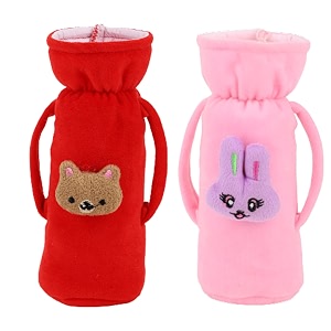 soft plush stretchable baby feeding handle bottle cover with animated cartoon design amp easy to hold strap for newborn babies suitable for 125-250 ml bottle pack of 2 rani babypink