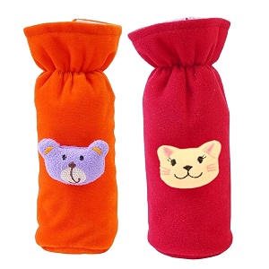 soft plush stretchable baby feeding bottle cover easy to hold strap with cute animated cartoon suitable for 130-250 ml feeding bottleorange-dark red