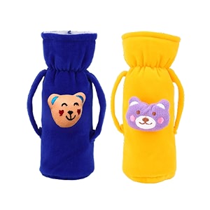 soft plush stretchable baby feeding handle bottle cover with animated cartoon design amp easy to hold strap for newborn babies suitable for 125-250 ml bottle pack of 2 blue yellow
