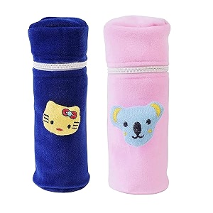 soft plush stretchable baby feeding bottle cover easy to hold strap and zip  suitable for 130 ml-250 ml feeding bottle light pink-dark blue