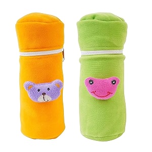 soft plush stretchable baby feeding bottle cover easy to hold strap and zip  suitable for 130 ml-250 ml feeding bottle-orange-green