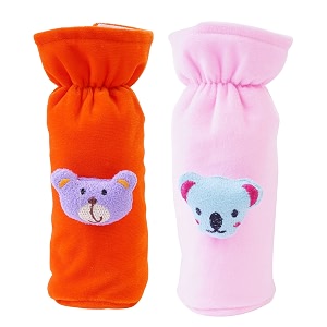 soft plush stretchable baby feeding bottle cover easy to hold strap with cute animated cartoon suitable for 130-250 ml feeding bottleorange-light pink