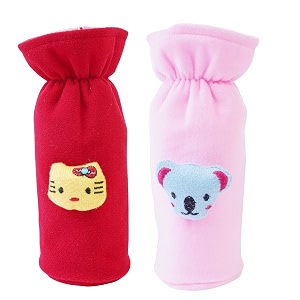 soft plush stretchable baby feeding bottle cover easy to hold strap with cute animated cartoon suitable for 130-250 ml feeding bottlelight pink-dark red