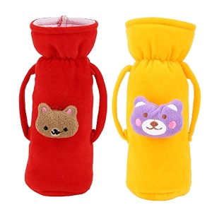 soft plush stretchable baby feeding handle bottle cover with animated cartoon design amp easy to hold strap for newborn babies suitable for 125-250 ml bottle pack of 2 rani yellow