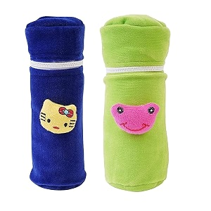 soft plush stretchable baby feeding bottle cover easy to hold strap and zip  suitable for 130 ml-250 ml feeding bottle-green-dark blue