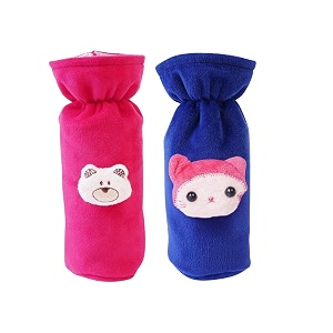 soft plush stretchable baby feeding bottle cover easy to hold strap with cute animated cartoon suitable for 130-250 ml feeding bottledark pink-dark blue