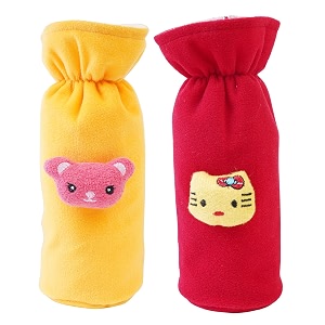 soft plush stretchable baby feeding bottle cover easy to hold strap with cute animated cartoon suitable for 130-250 ml feeding bottleyellow-dark red