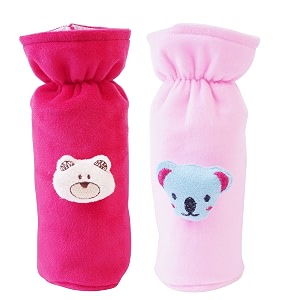 soft plush stretchable baby feeding bottle cover easy to hold strap with cute animated cartoon suitable for 130-250 ml feeding bottledark pink-light pink