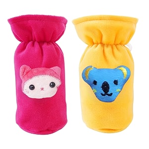 soft plush stretchable baby feeding bottle cover easy to hold strap with cute animated cartoon suitable for 60-125 ml feeding bottledark pink-yellow